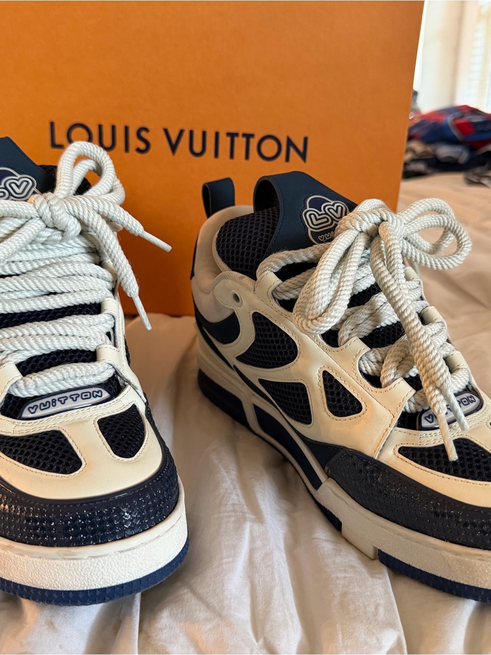 Louis Vuitton Navy and Cream Mesh LV Trainer Sneakers